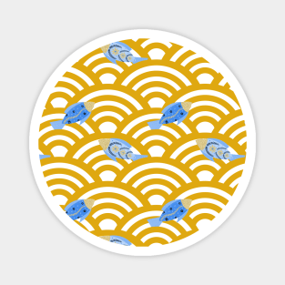 Blue fishes in yellow seigaiha waves Magnet